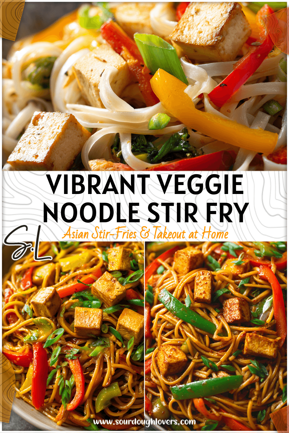 Colorful noodle veggie stir fry with tofu pieces and fresh bell peppers in a bowl